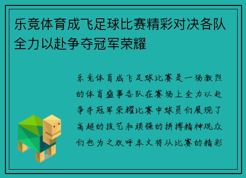 乐竞体育成飞足球比赛精彩对决各队全力以赴争夺冠军荣耀