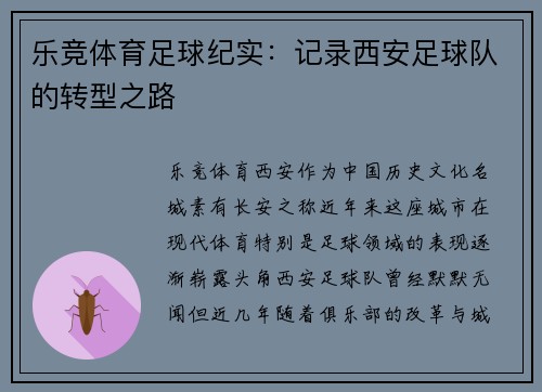 乐竞体育足球纪实：记录西安足球队的转型之路